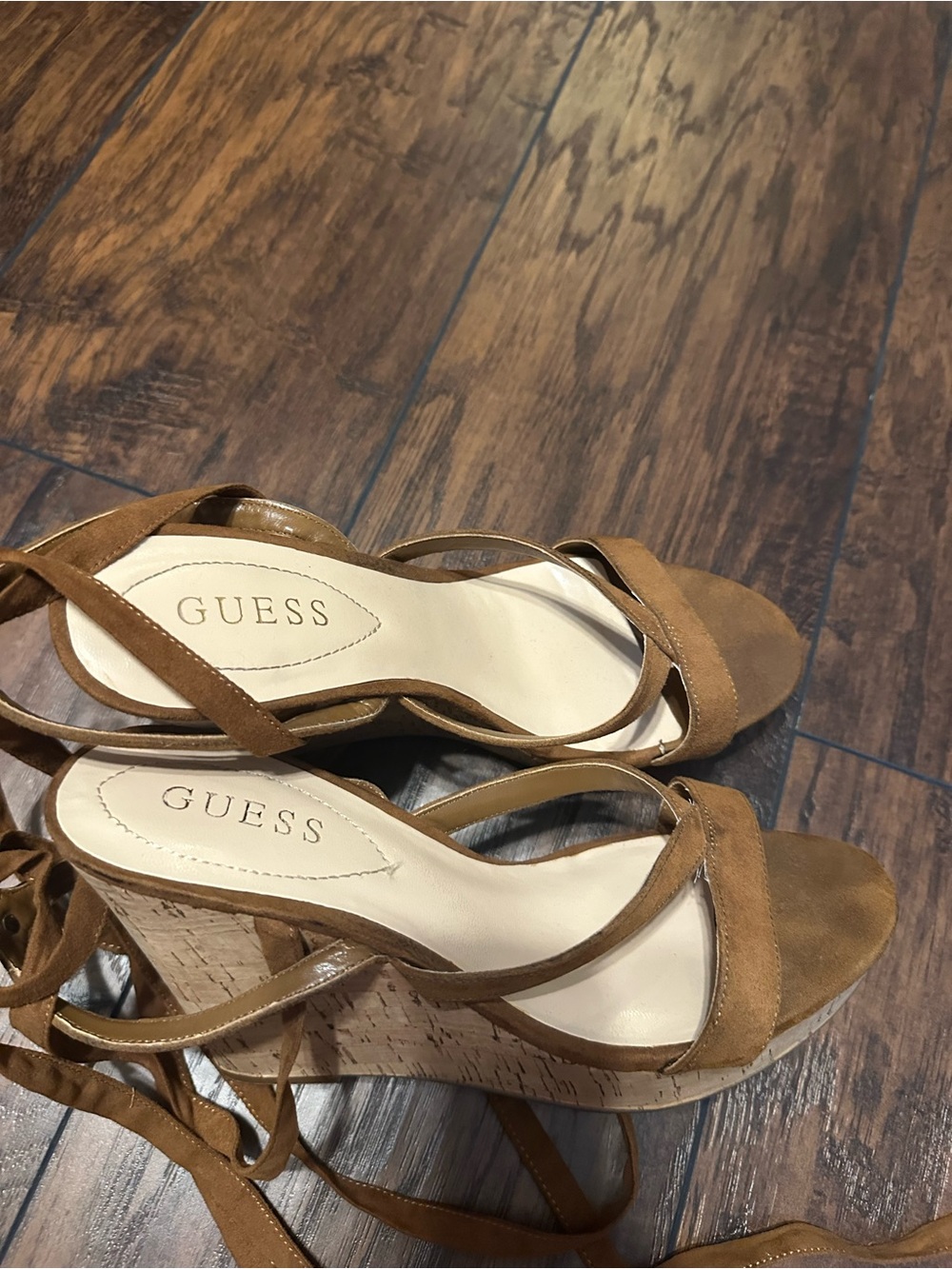Guess Tan Suede Cork Lace-Up Wedge Sandals